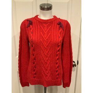 The Reeds Red Cable Knit Sweater W/Red & Navy Patterned Trim, Size S